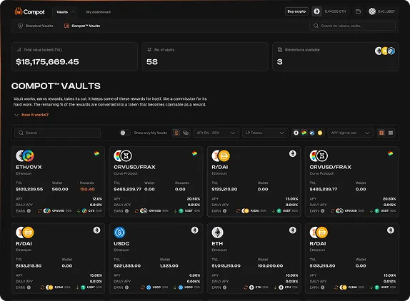Compot Dashboard showcasing various vaults and metrics of user's funds, the case study image.